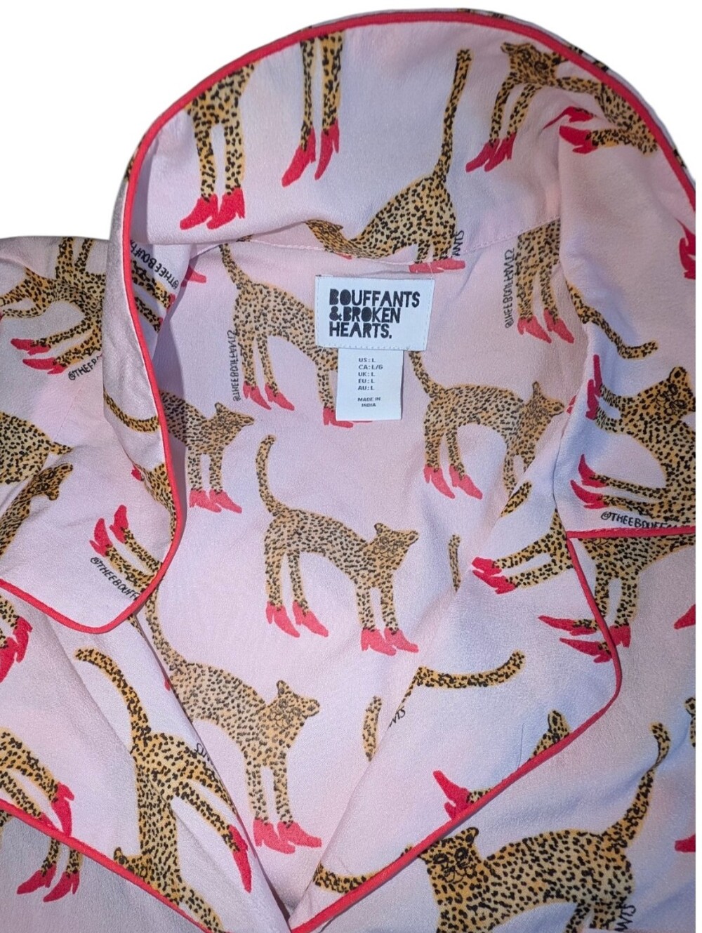 Bouffants & Broken Hearts Quirky Fun High-Heeled Cheetah Print Pajama Set Pink L - Picture 3 of 10